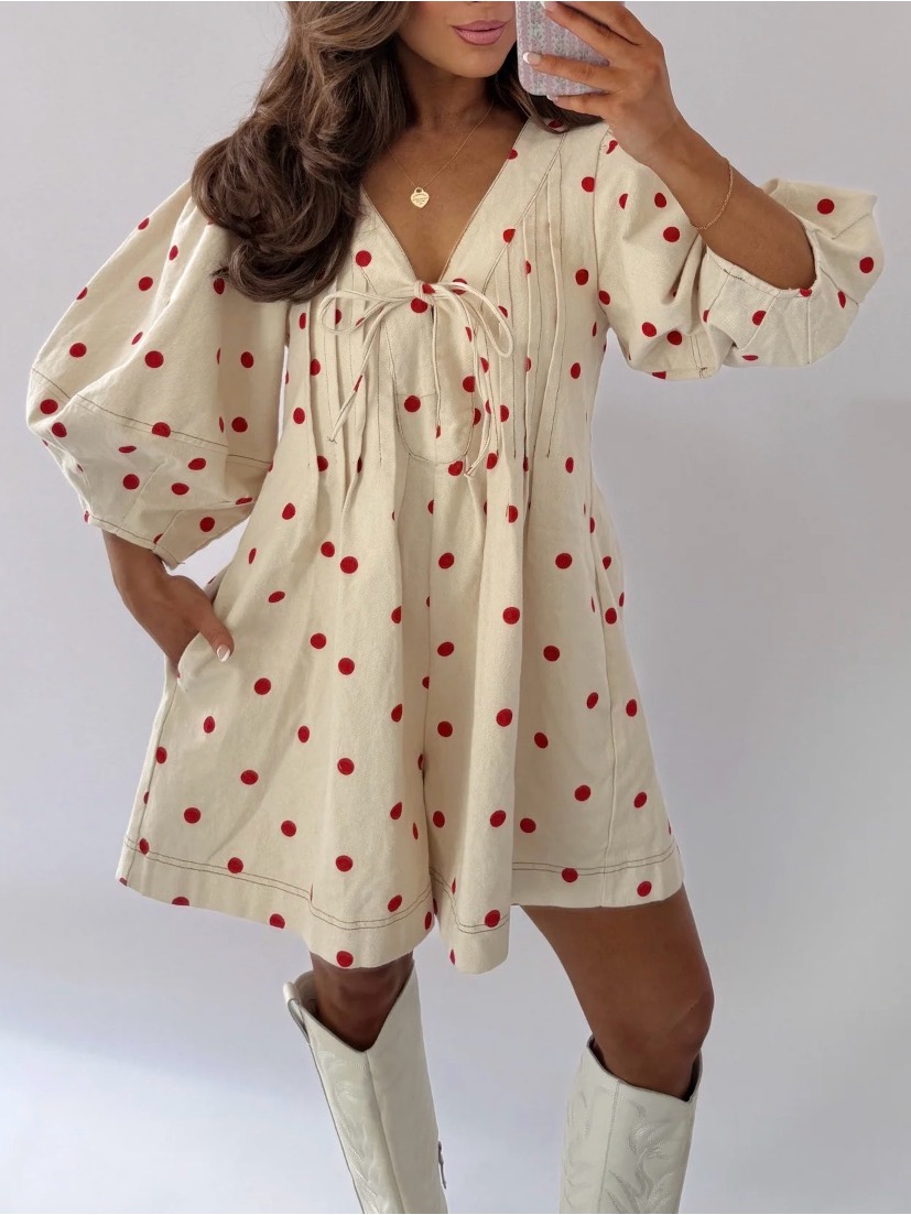 Your Darling Style (Peach Love Cali) - Cream Polka Dot Romper With Red Dots